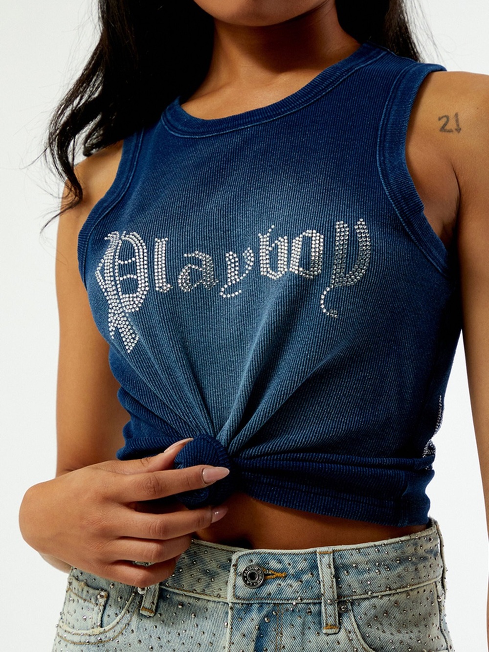 PLAYBOY by Pac Sun Navy Rhinestone Bling Ribbed Tank Women’s L Alt Girl Y2K